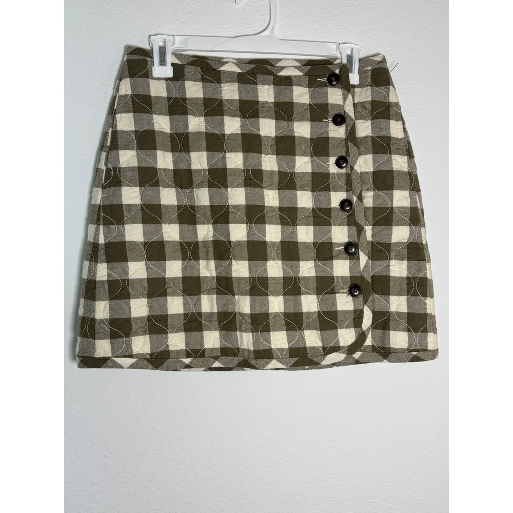 Madewell Quilted Mini Skirt Size 4 Olive Green Buffalo Check Button Front Wrap - Picture 1 of 4